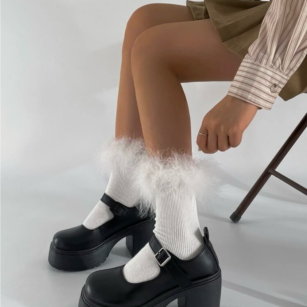 Black Platform Mary Jane Heels with White Feather Trim Socks